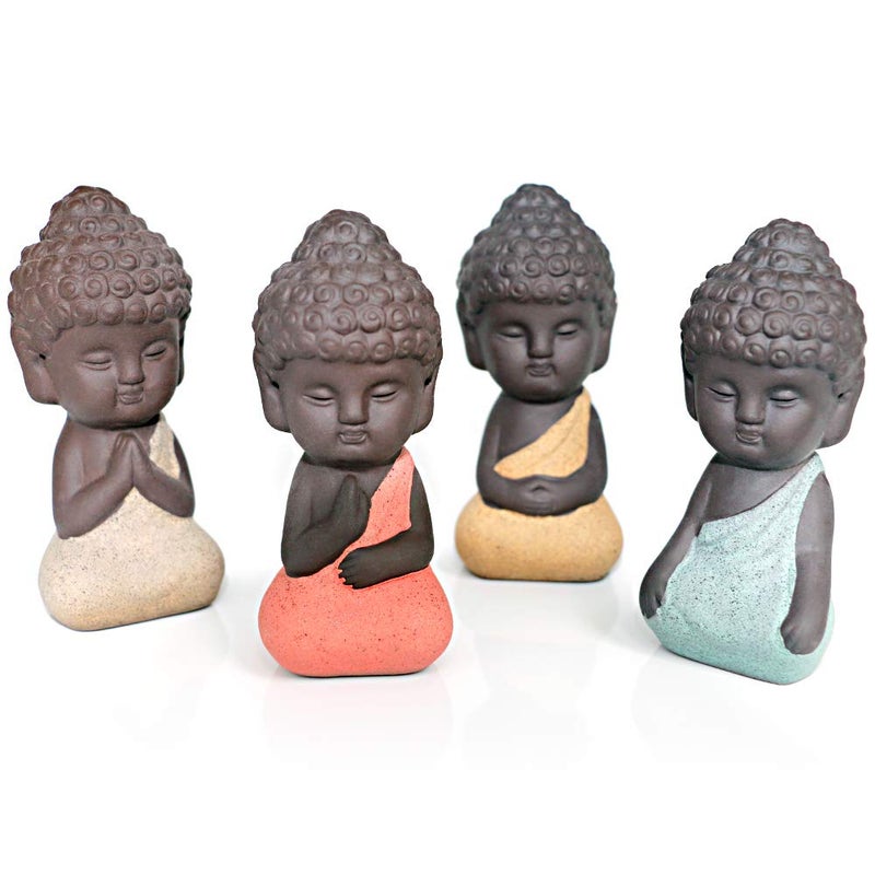 Kingzhuo Set of 4 Ceramic Little Cute Small Buddha Statue Monk Figurine Creative Baby Crafts Dolls Ornaments Gift Classic Delicate Ceramic Arts and Crafts Tea Accessories 4 Pcs (4 x 8.4 CM) - Image 4